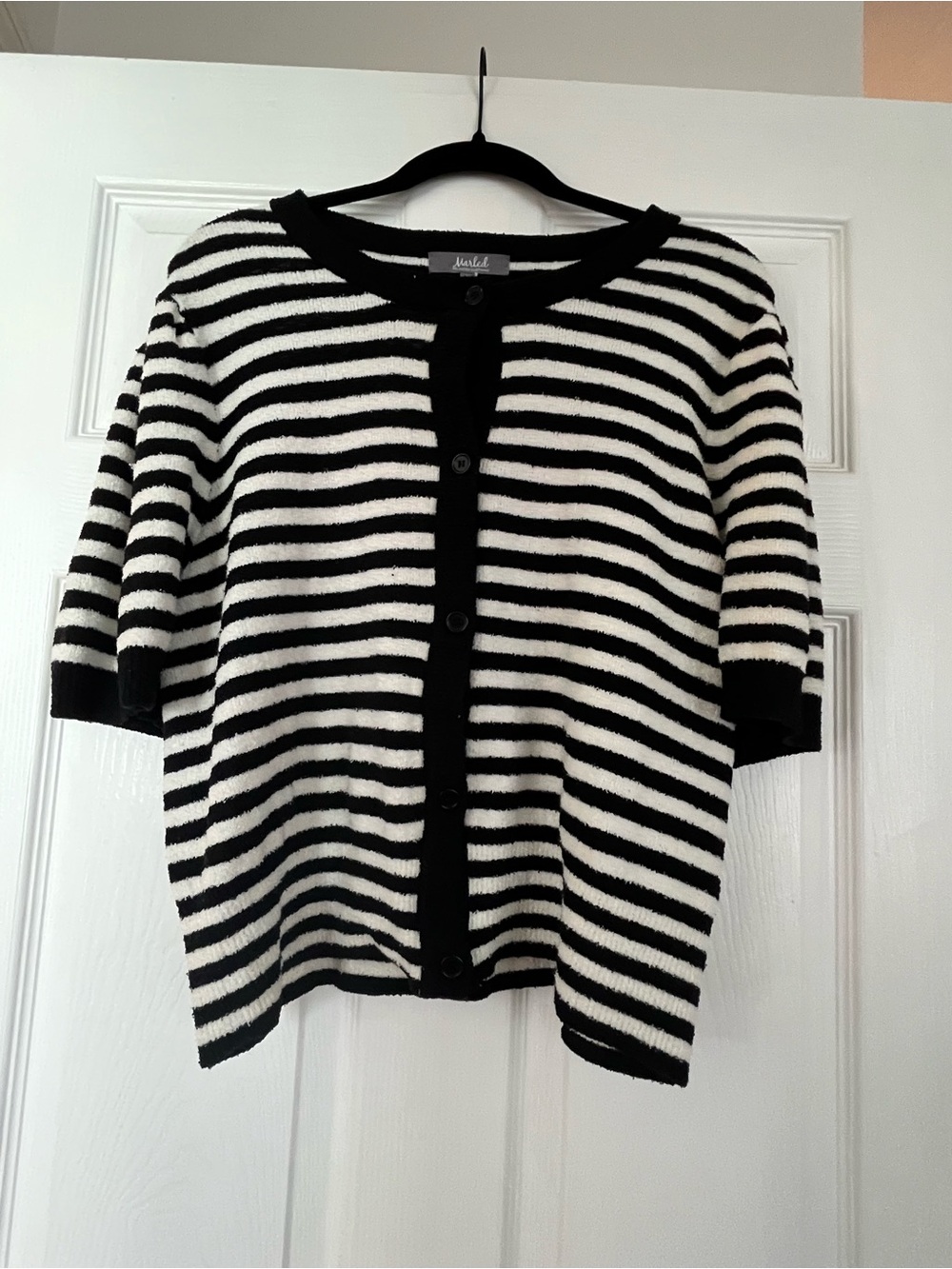 Marled Black & White Striped Short-Sleeve Cardigan
